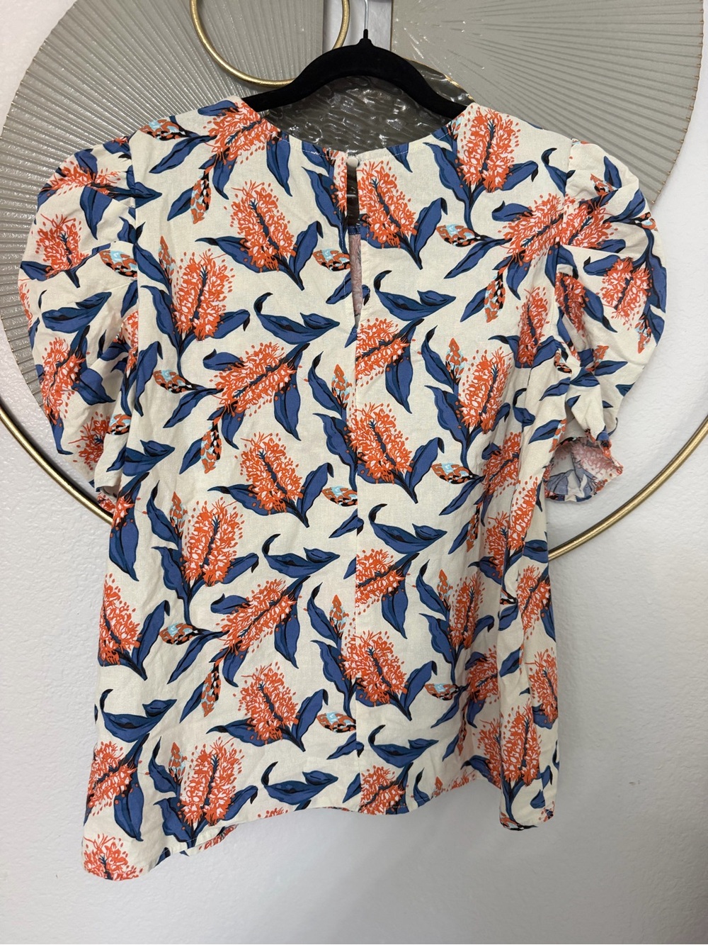 TCEC Cream Blouse with Coral Floral & Navy Leaves - Picture 4 of 6